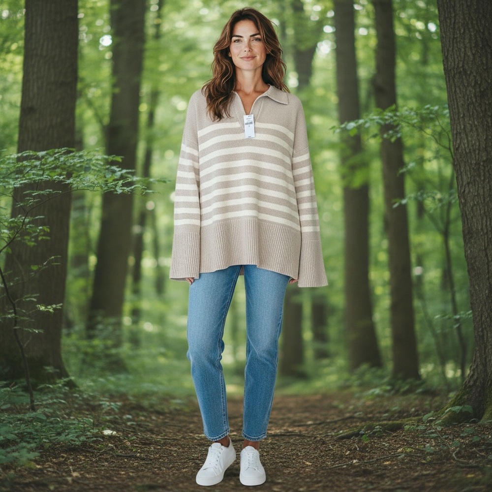 GAP Women's V-Neck Sweater in Beige and Off-White Stripes